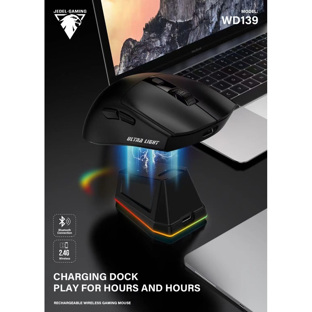 WD139 เมาส์สําหรับเล่นเกมไร้สายน้ําหนักเบา, เมาส์ไร้สายพร้อมแท่นชาร์จ RGB, การชาร์จแบบแม่เหล็ก, เหมา