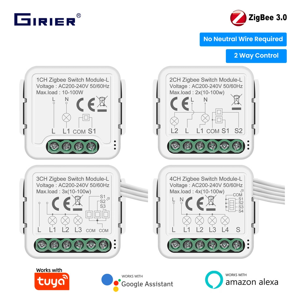 GIRIER โมดูลสวิตช์อัจฉริยะ Tuya ZigBee 3.0 ไม่ต้องใช้สาย Neutral แบบ 1/2/3/4แก๊ง DIY เบรกเกอร์ รีเลย