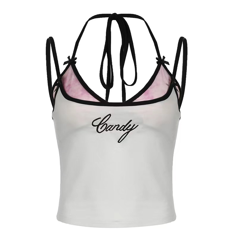 Sweet Spice Niche Contrast Color ปลอมสองชิ้นตัวอักษรปัก Camisole Hot Girl Slim-Fit Double @-