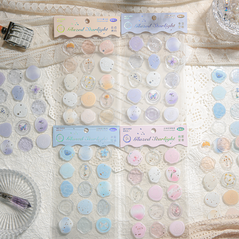 Mr.paper Epoxy Stamp Sticker Glass Starlight Bronzing Process Handbook Envelope Decorative Sealing Sticker