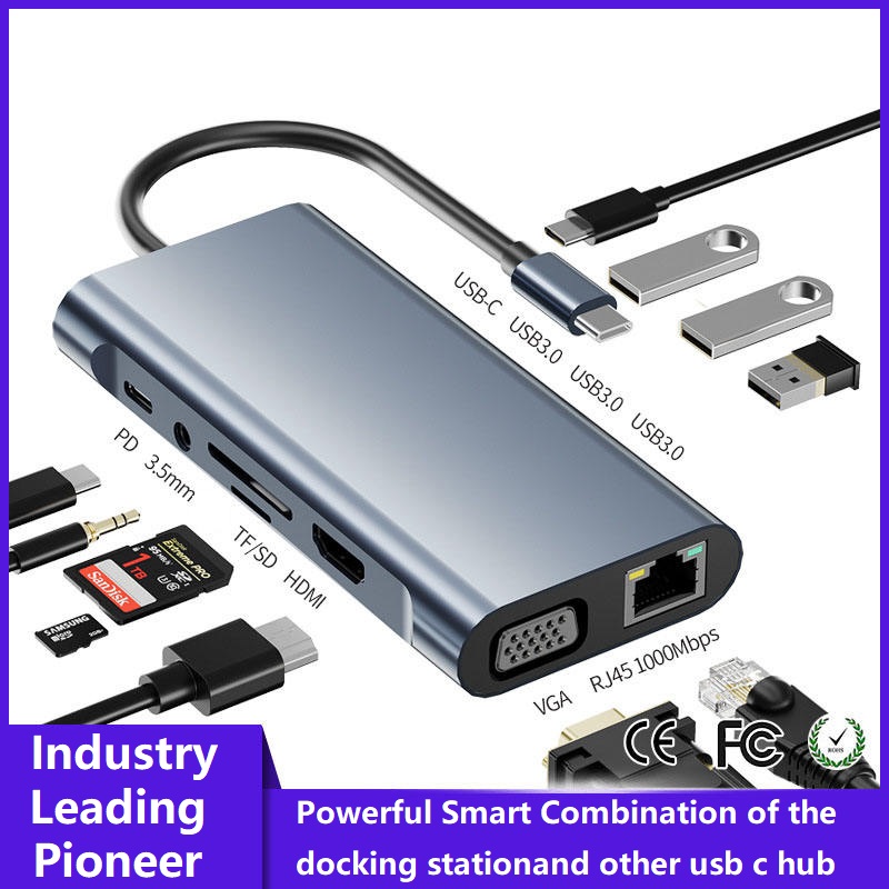 มัลติฟังก์ชั่น 11-in-1 USB C Hub USB 3.0 Splitter PD VGA Converter USB Dongle 4K HD HDTV Audio Type C Hub