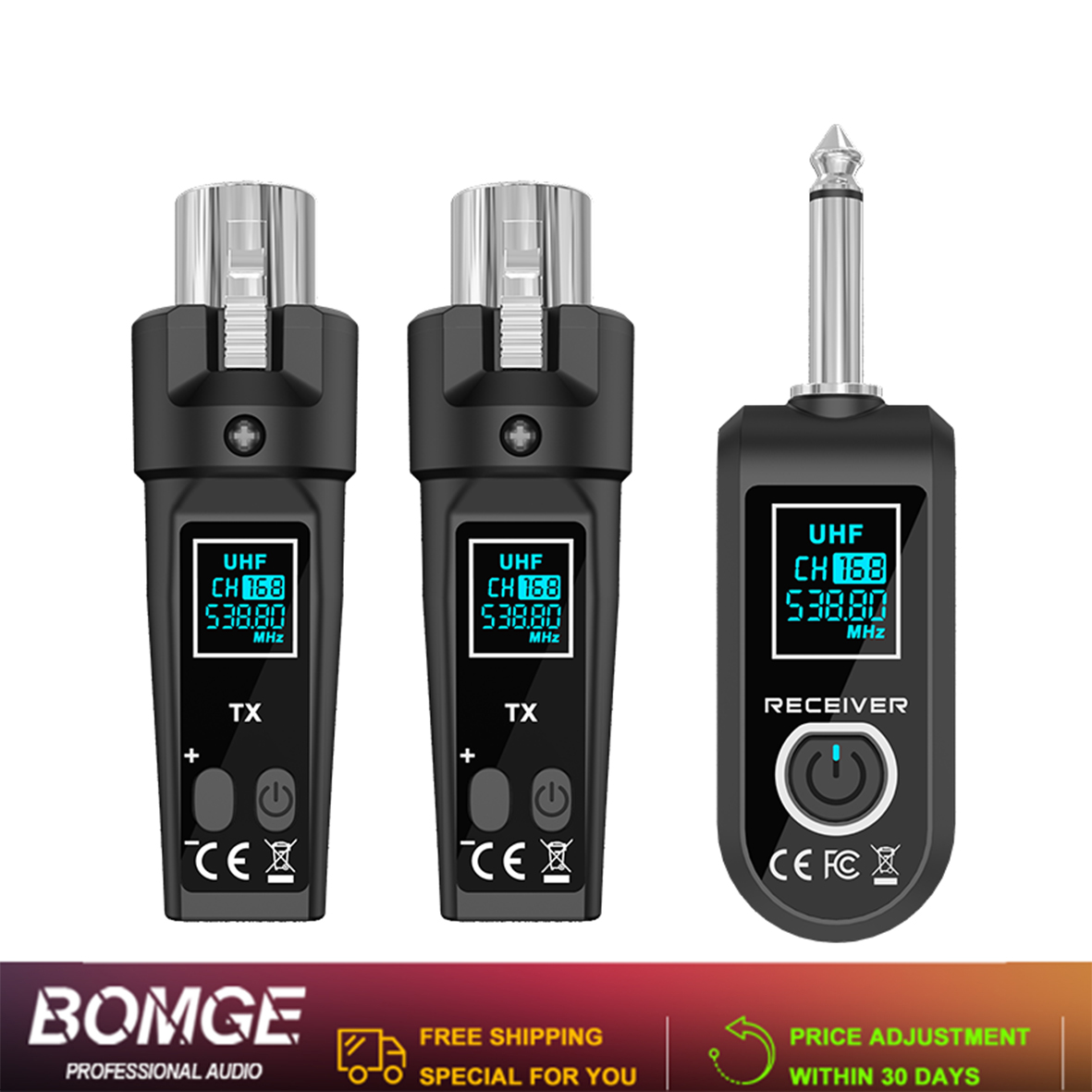 ระบบไมโครโฟน BOMGE WTU06 มีเสียงรบกวนและเวลาในการหน่วงน้อย ระบบกีตาร์ไร้สายมีระยะการใช้งานประมาณ 30 เมตร