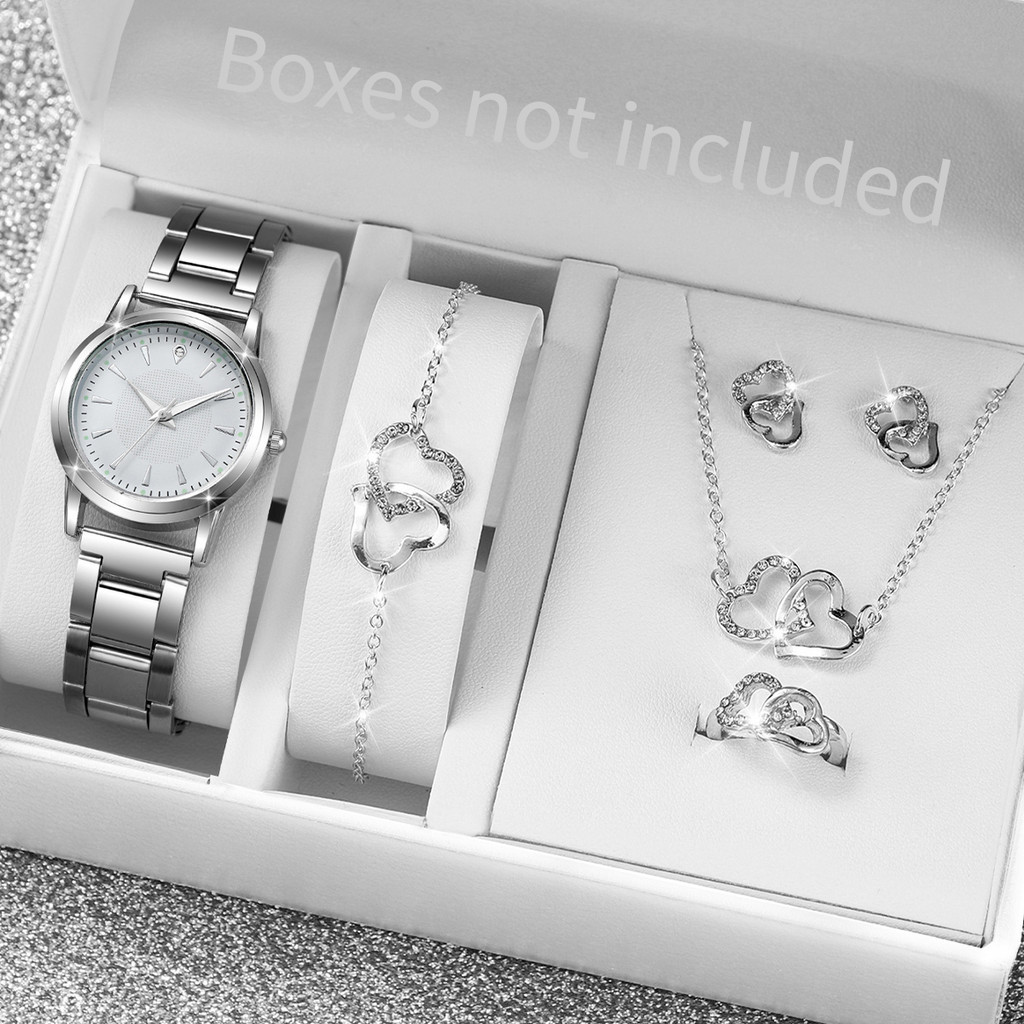 6 ชิ้น/เซ็ตนาฬิกาผู้หญิงแฟชั่นหน้าปัดเล็ก Silver Band สุภาพสตรีนาฬิกาควอตซ์หัวใจเครื่องประดับชุด (พร้อมกล่อง)