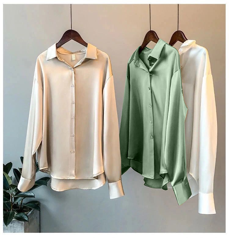 ซาตินเสื้อเชิ้ตสีขาวผู้หญิงแขนยาวพร็อพมืออาชีพเสื้อสไตล์ฝรั่งเศสด้านบน