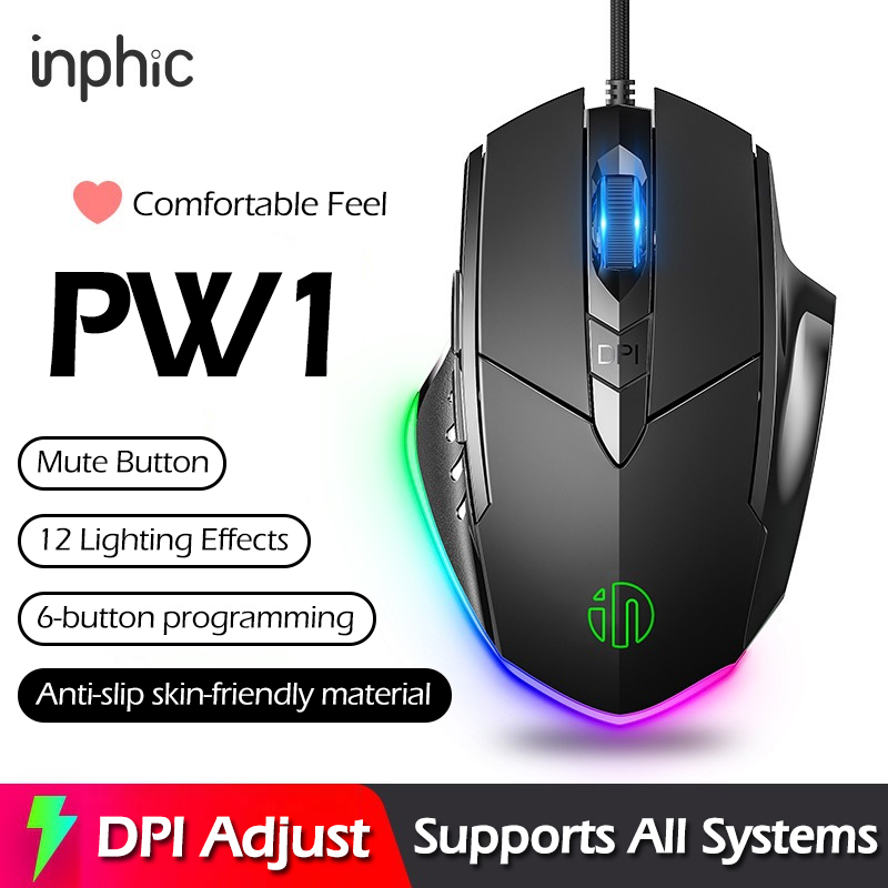 Infhic PW1 เมาส์สําหรับเล่นเกมแบบมีสาย DPI ปรับ Office Mute เมาส์แบบมีสายรองรับ PC แล็ปท็อปแท็บเล็ตโทรศัพท์มือถือ
