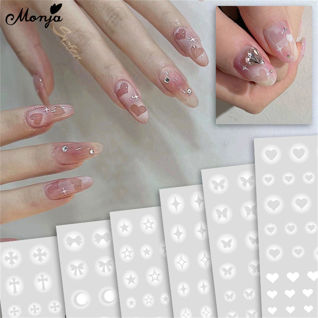 Monja สติ๊กเกอร์ติดเล็บลายฉลุ Holographic Self-กาวดาวButtelies Love Moon Cross Bowเล็บDecalsตกแต่งเล็บ