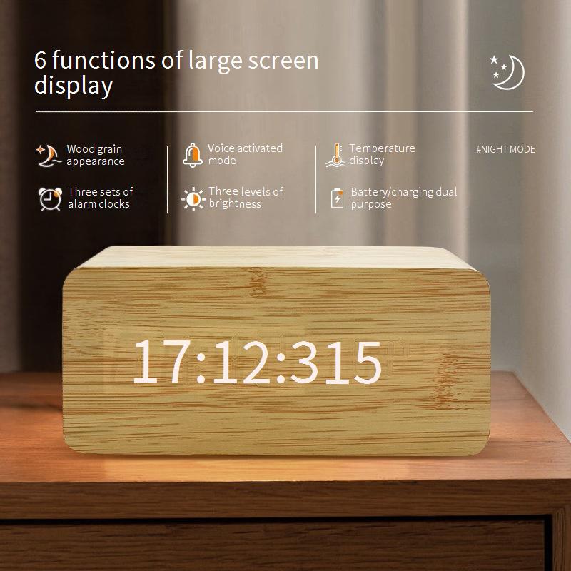 ดิจิตอลไม้สมาร์ทควบคุมเสียงนาฬิกาปลุก ยูเอสบี ปลั๊ก-ใน ข้างเตียงนาฬิกาตกแต่งห้องพร้อมปฏิทินเครื่องวัดอุณหภูมินาฬิการะฆังโต๊ะนาฬิ