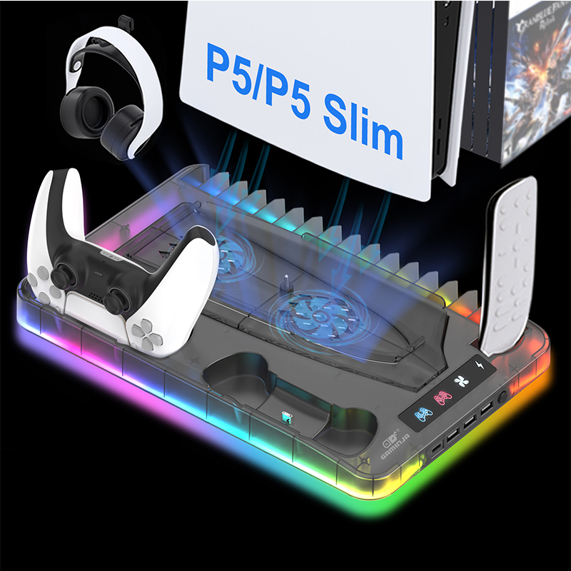 ใหม่ใสสีดํา 7 สี RGB เอฟเฟกต์สําหรับ PS5 Slim/PS5 ฐานพัดลมระบายความร้อนมัลติฟังก์ชั่นสากล,พร้อมตะขอหูฟังชั้นเก็บซีดี P5 ตัวควบคุมเกม dual ที่นั่งชาร์จ
