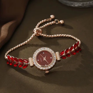 นาฬิกา Leaf Design คริสตัล Studded สร้อยข้อมือแบบปรับได้แฟชั่นผู้หญิงหรูหรา
