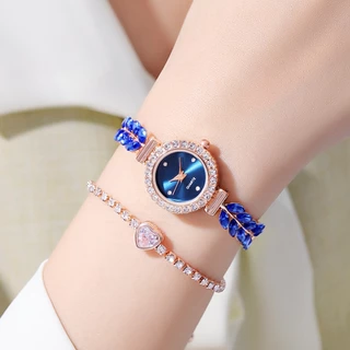 นาฬิกา Leaf Design คริสตัล Studded สร้อยข้อมือแบบปรับได้แฟชั่นผู้หญิงหรูหรา