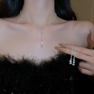 เกาหลี Rhinestone Fringe สร้อยคอชุดต่างหูผู้หญิงจัดเลี้ยงเคร…
