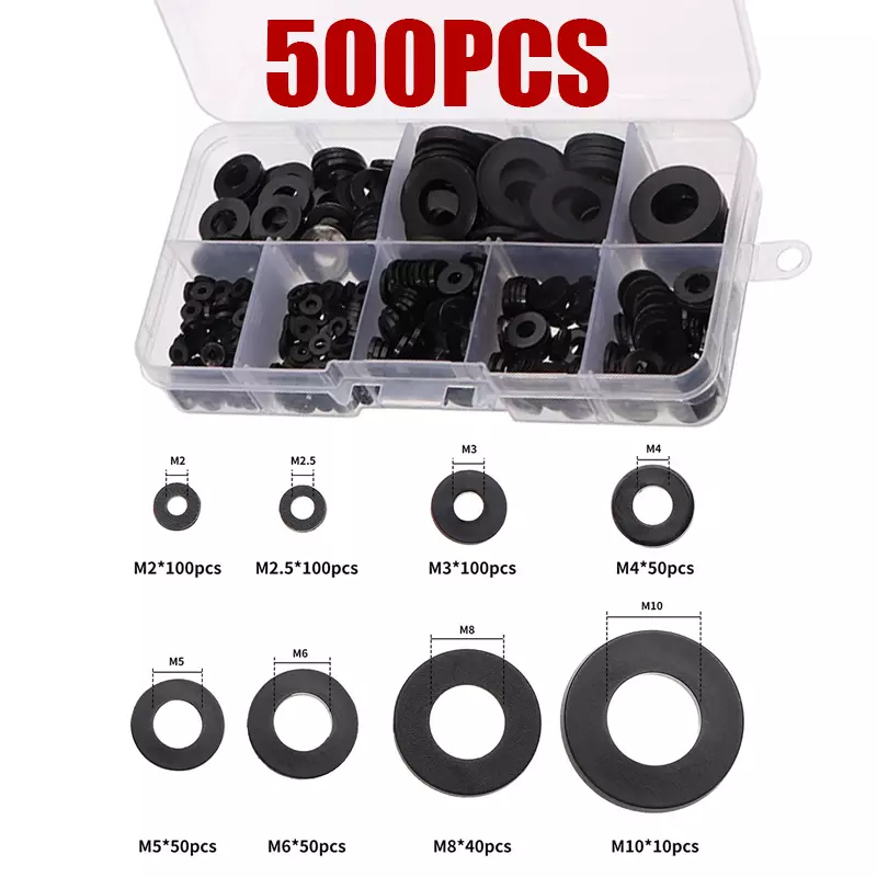 ชุดยางรองแบนใหม่ - 500 ชิ้น แหวนโอริงพลาสติกและแผ่นรองสำหรับ M2, M2.5, M3, M4, M5, M6, M8 - อุปกรณ์ยึดที่ทนทานสำหรับบ้าน ยานยนต์ และโปรเจกต์ DIY