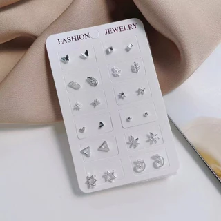 ต่างหูขนาดเล็กที่ละเอียดอ่อน 12 คู่ Leaf Airplane Love Stud ต่างหูชุดสไตล์เกาหลีแฟชั่นเครื่องประดับของขวัญ