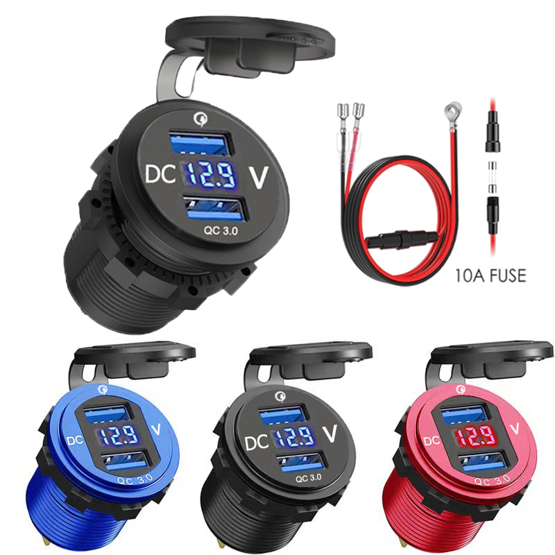 12/24v อลูมิเนียมโลหะ 36W QC3.0 Dual USB รถมอเตอร ์ Charger ซ ็ อกเก ็ ตกันน ้ ําพร ้ อมสวิตช ์ โวลต ์ มิเตอร ์ Fast Quick Charge Adapter
