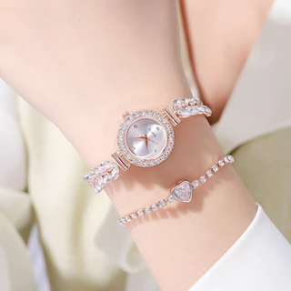 นาฬิกา Leaf Design คริสตัล Studded สร้อยข้อมือแบบปรับได้แฟชั่นผู้หญิงหรูหรา