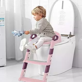 กระโถนเด็กฝึกขับถ่าย พร้อมบันได ที่นั่งชักโครกเด็ก รองรับน้ำหนัก 30กก. สีชมพู เบาะนุ่ม ปลอดภัย ใช้ง่าย 💖🚽