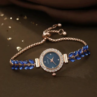 นาฬิกา Leaf Design คริสตัล Studded สร้อยข้อมือแบบปรับได้แฟชั่นผู้หญิงหรูหรา