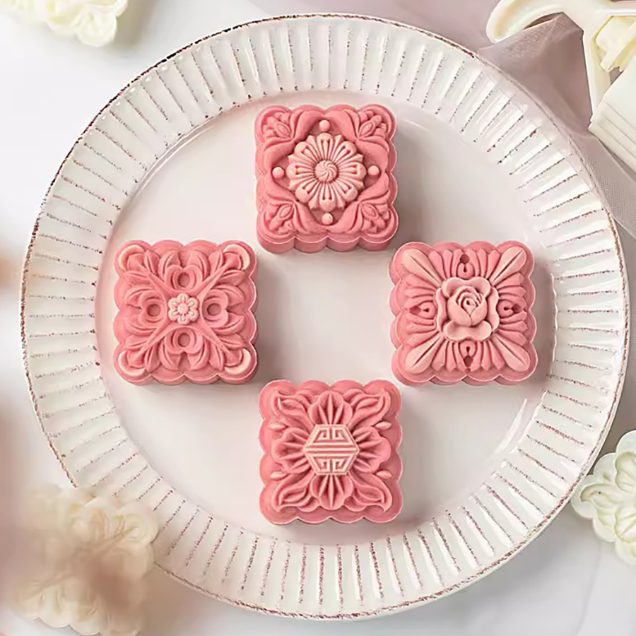 4 ชิ้น/เซ็ต 75g ขนมไหว้พระจันทร์ทรงสี่เหลี่ยม Moulds สไตล์จีน Blossom ดอกไม้รูปแบบคุกกี้แสตมป์ DIY เทศกาล Mung Bean เค้กเครื่องมือ