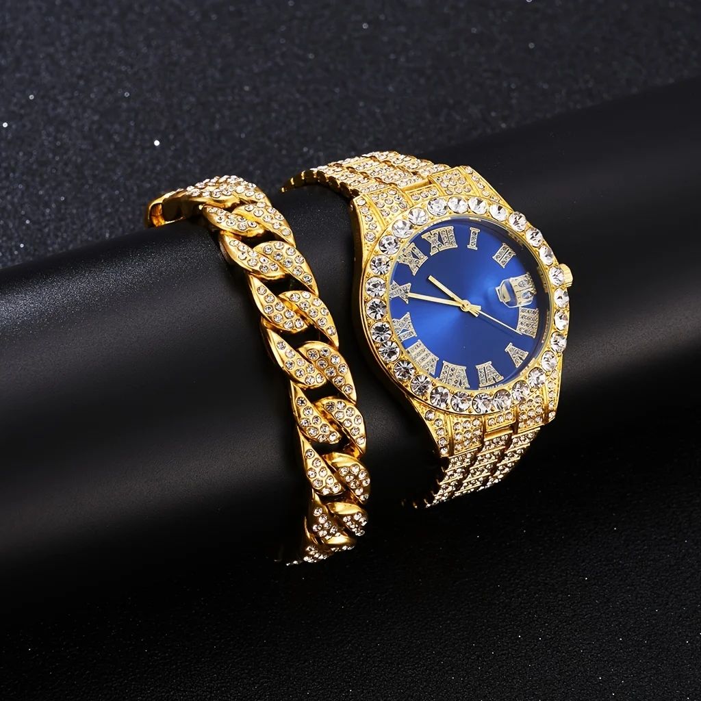 2 ชิ้น/เซ็ต Iced Out นาฬิกาผู้ชายแบรนด์หรู Full ประดิษฐ์เพชรนาฬิกาผู้ชายควอตซ์นาฬิกาผู้ชาย Hip Hop นาฬิกาชายของขวัญสําหรับ