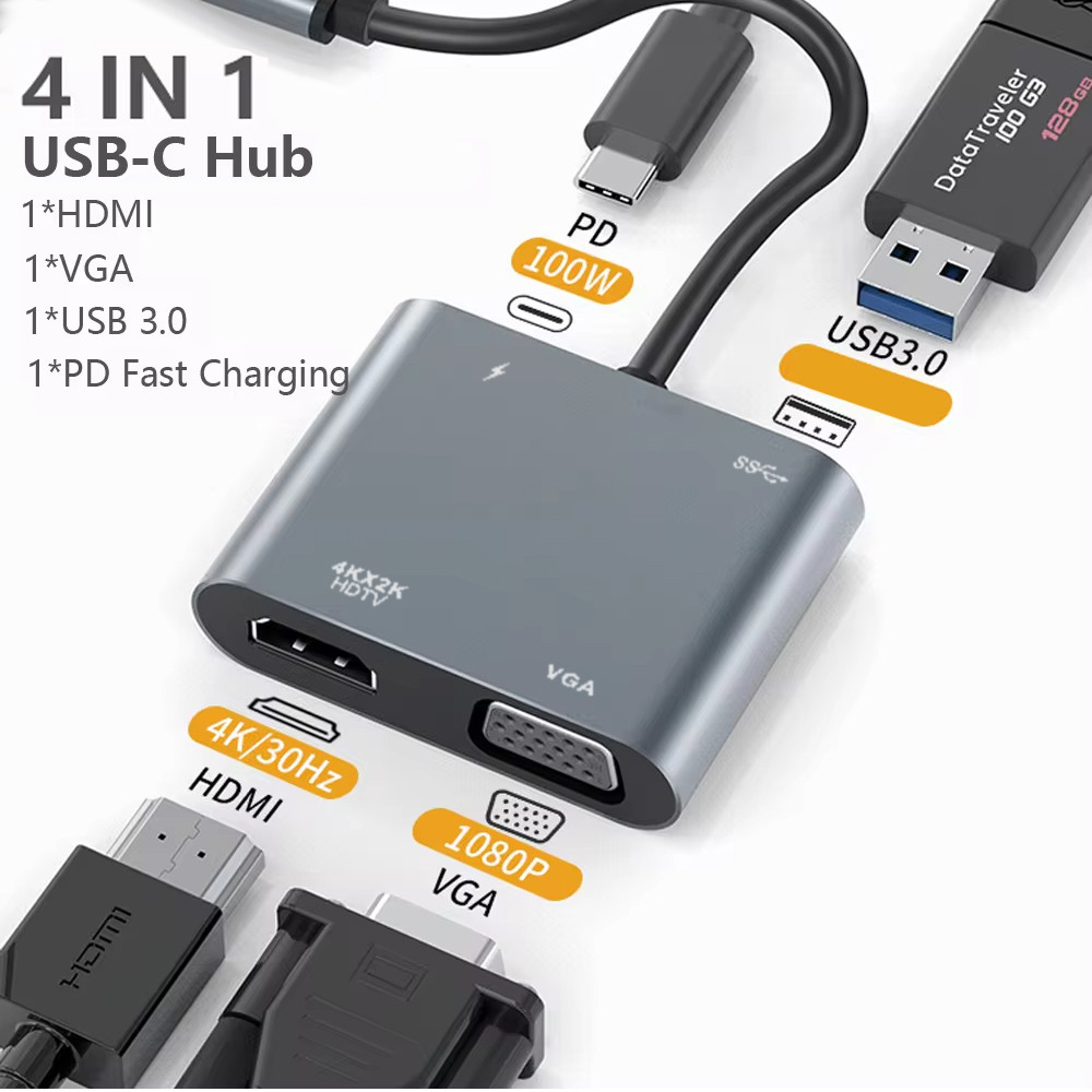 อะแดปเตอร์ HDMI ประเภท C ใหม่ HD 4K VGA USB 3.0 PD สำหรับแสดงผลอิสระ มีหลายพอร์ตสำหรับแล็ปท็อป