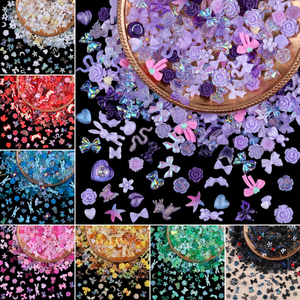 100 ชิ้น 3D เล็บ Charms ชุดที่มีสีสันเรซิ่น Bows กุหลาบหมี Moons Hearts Stars Snakes Butterflies Y2K สไตล์ Embellishments สําหรับเล็บหัตถกรรม DIY