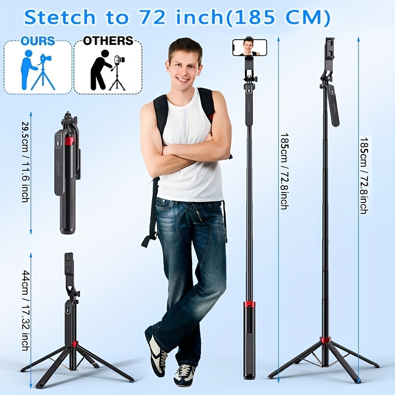 72 "ขาตั้งกล้องไม้เซลฟี่, ขาตั้งกล้องแบบพกพา, ขาตั้งขาตั้งโทรศัพท์แบบยืดได้ทั้งหมดในหนึ่งตัวพร้อมรีโมทไร้สาย 360° การหมุนสําหรับการบันทึกวิดีโอ วิดีโอบล็อก สตรีมมิ่งสด