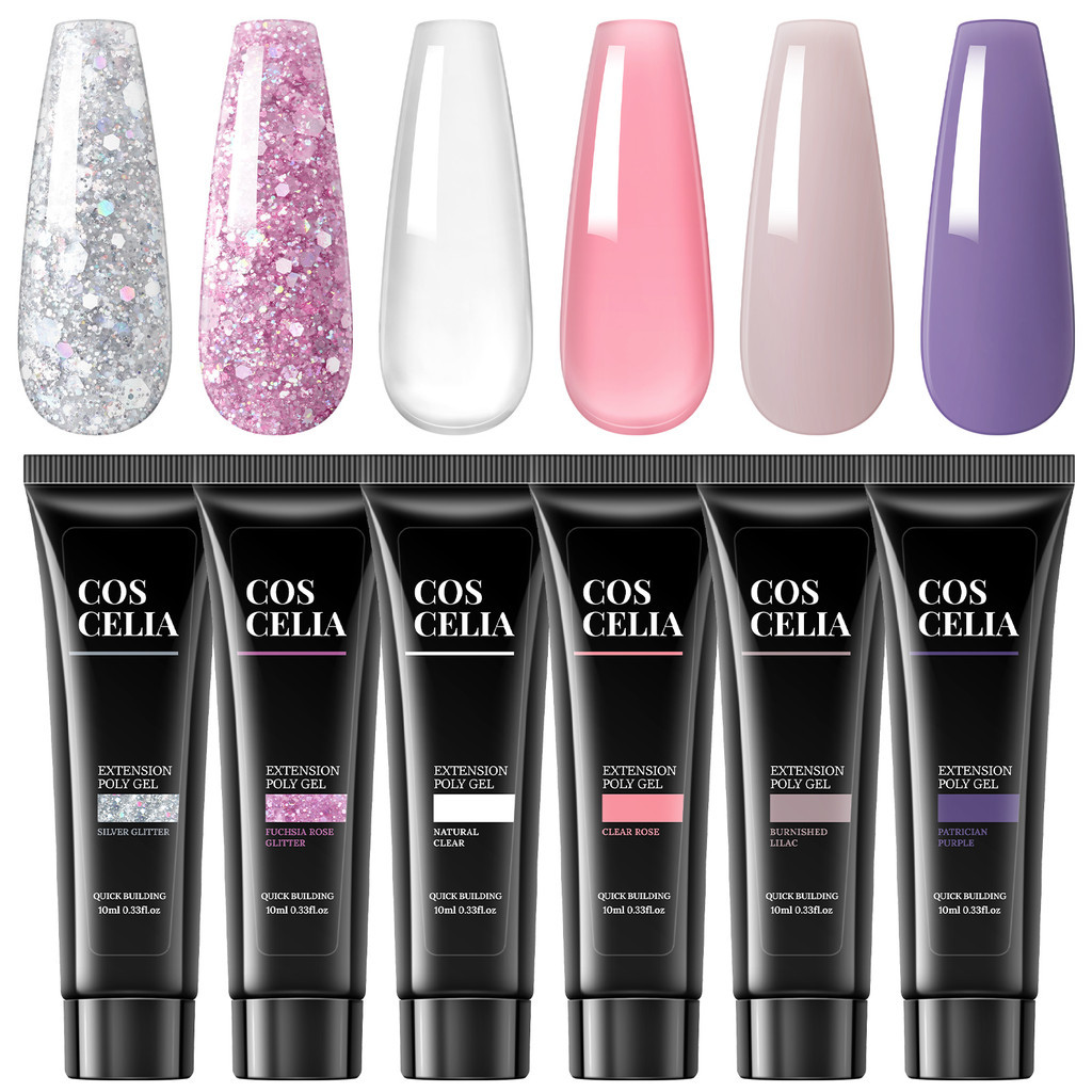 Coscelia 6 ชิ้น/เซ็ต Poly UV Builder เจลสําหรับต่อเล็บ Glitter ยาทาเล็บ Lacquer 10ml การออกแบบเล็บโพลีเจล