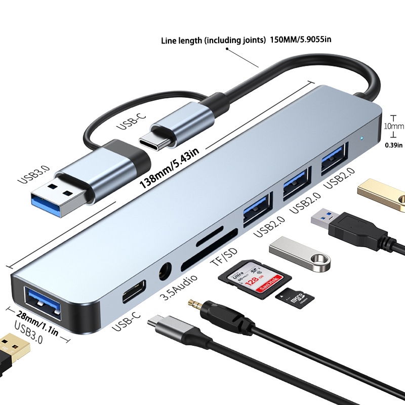อะแดปเตอร์แปลง USB-C 8in1 USB HUB Type-C ถึง USB * 4 + SD + เครื่องอ่านการ์ด TF + เอาต์พุตเสียง 3.5 มม.