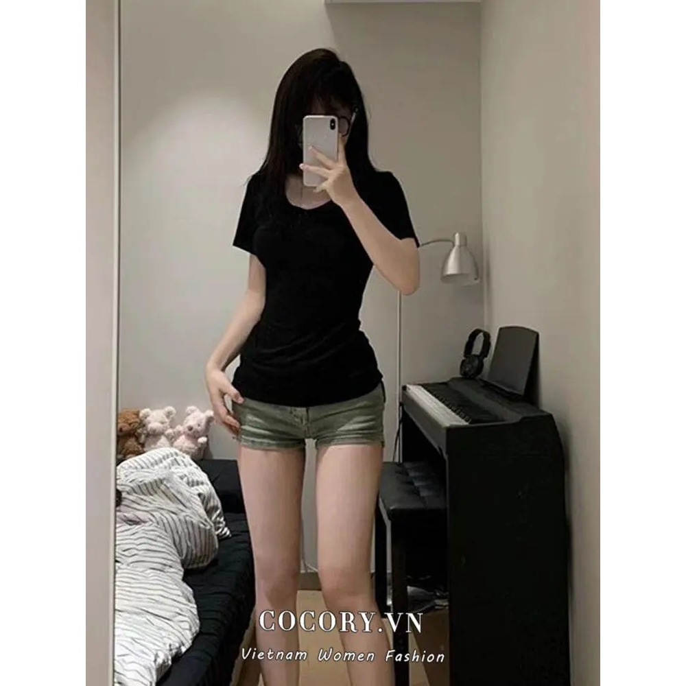 เสื้อยืดแขนสั้นสีทึบผู้หญิงฤดูร้อนสไตล์ใหม่เวอร์ชั่นเกาหลีสลิมฟิตแฟชั่นทุกการแข่งขันslimm