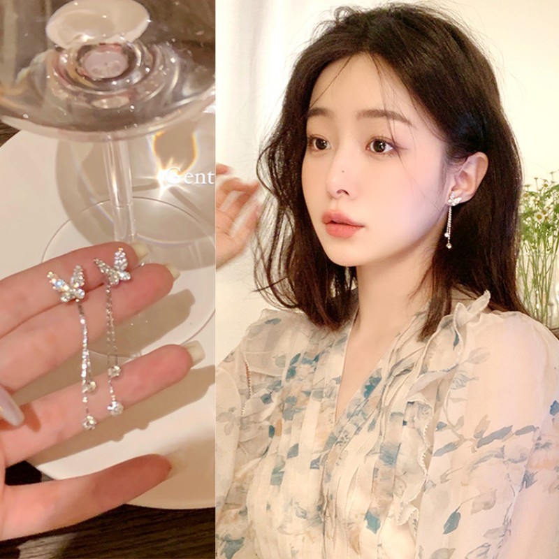 คู่ High-End ต่างหูสาวประณีตต่างหู 925 เข็มเงินต่างหู Rhinestone ดอกไม้ผีเสื้อขนาดเล็ก All-Match ผู้หญิง