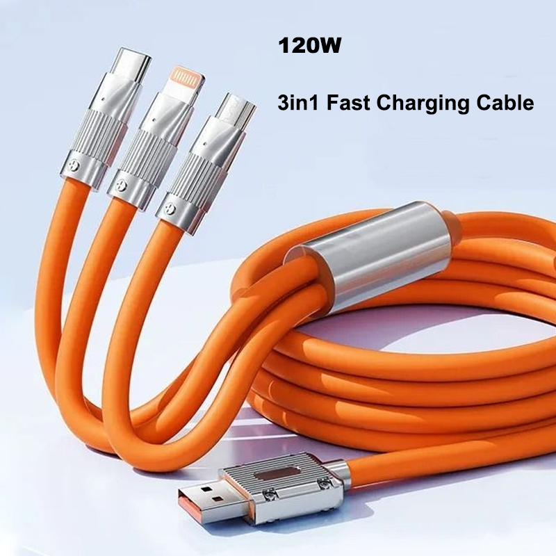 120w Fast สายชาร์จ 3in1 สายชาร์จซิลิโคนเหลวสายเคเบิลข้อมูล Type-C USB IOS สายชาร์จสําหรับโทรศัพท์แล็ปท็อป