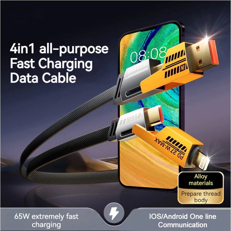 4in1 65W สายเคเบิลข้อมูลแบบถักไนลอนชาร์จเร็วสําหรับ Android และ IOS