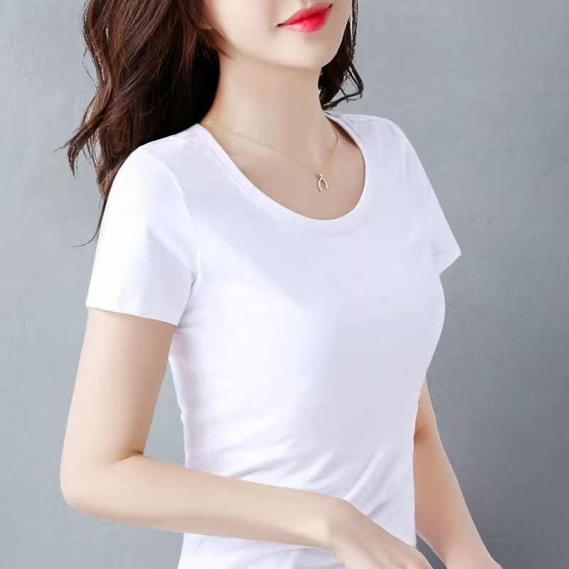 สีทึบรอบคอแขนสั้นเสื้อยืดผู้หญิงฤดูร้อนสไตล์ใหม่สไตล์พื้นฐานนุ่มสบายแฟชั่น All-Ma