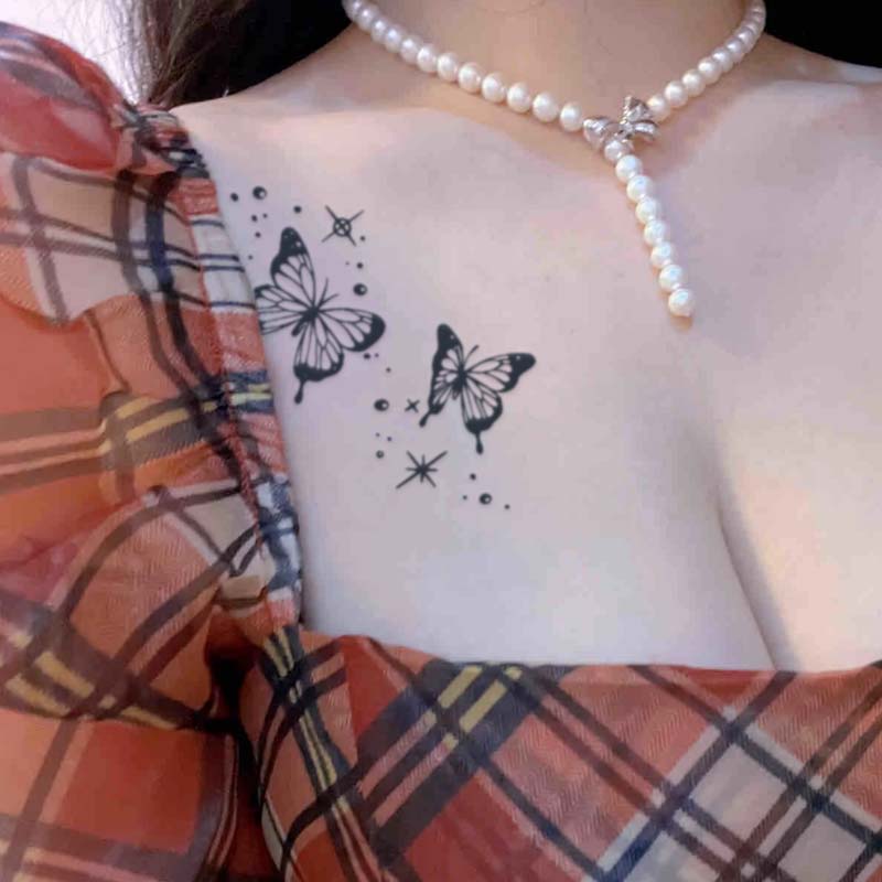 Fresh Aesthetic สมุนไพรผีเสื้อ Tattoo สติกเกอร์กันน้ําติดทนนานหญิงแขน Clavicle High-End Non-Reflection