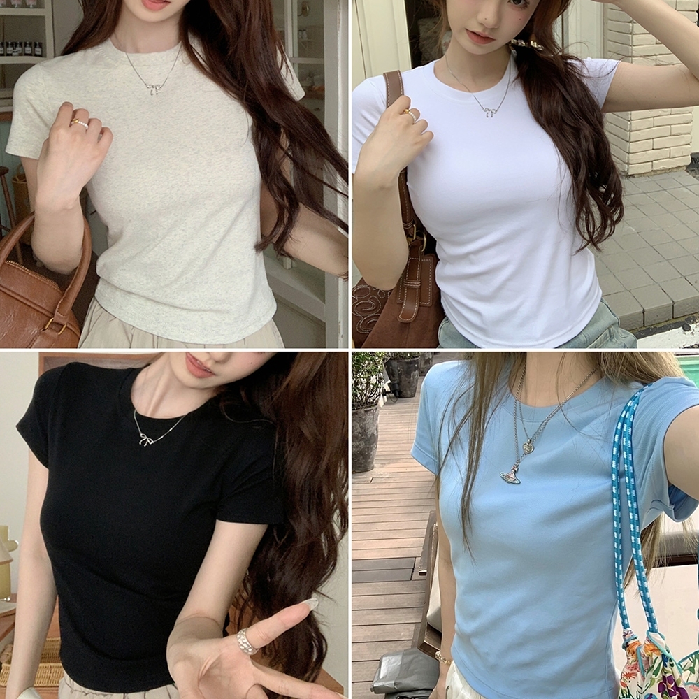 Dopamine Color Series สีทึบแขนสั้นผู้หญิงฤดูร้อนสไตล์ใหม่เวอร์ชั่นเกาหลีสลิมฟิต Slimmer ดูแฟชั่นทุกการแข่งขัน