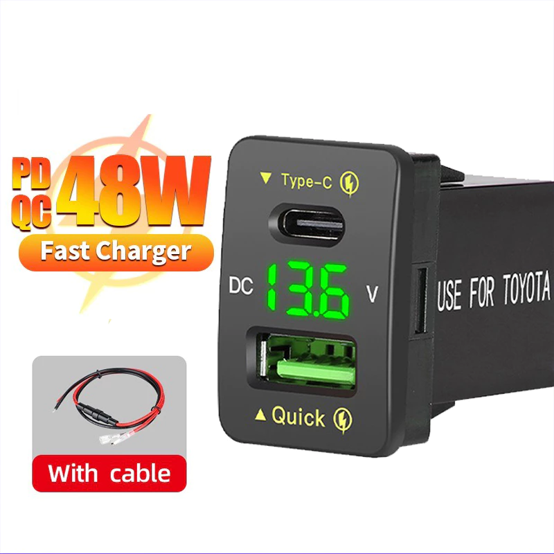 อะแดปเตอร์ชาร์จในรถ QC3.0 48W USB-C, ชาร์จเร็ว 12V/24V สำหรับโตโยต้าและโทรศัพท์มือถือ