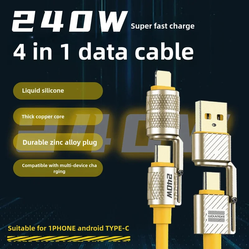240w 4-in-1 Super Fast สายชาร์จข้อมูล Type-C ถึง Type-C สังกะสีอัลลอยด์สําหรับ iPhone15 Samsung Huawei Xiaomi