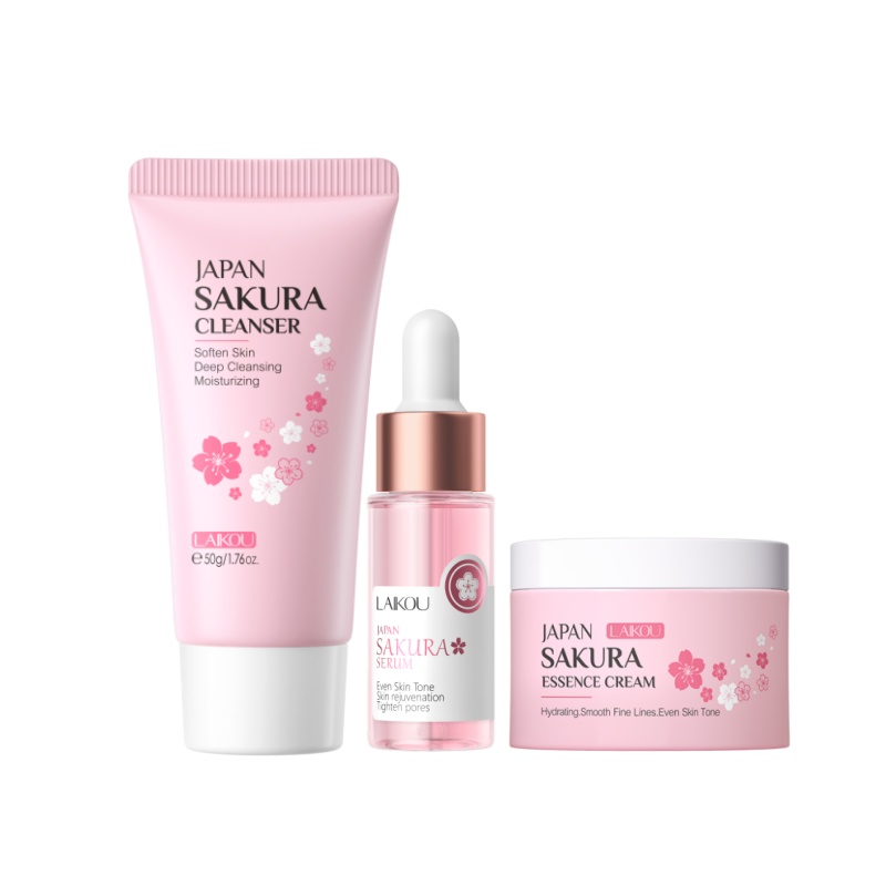 Laikou Sakura คลีนเซอร์ทําความสะอาดผิวหน้า 50 กรัม + เซรั่มซากุระ 17 มล. + ครีมบํารุงผิวหน้า 25 กรัม