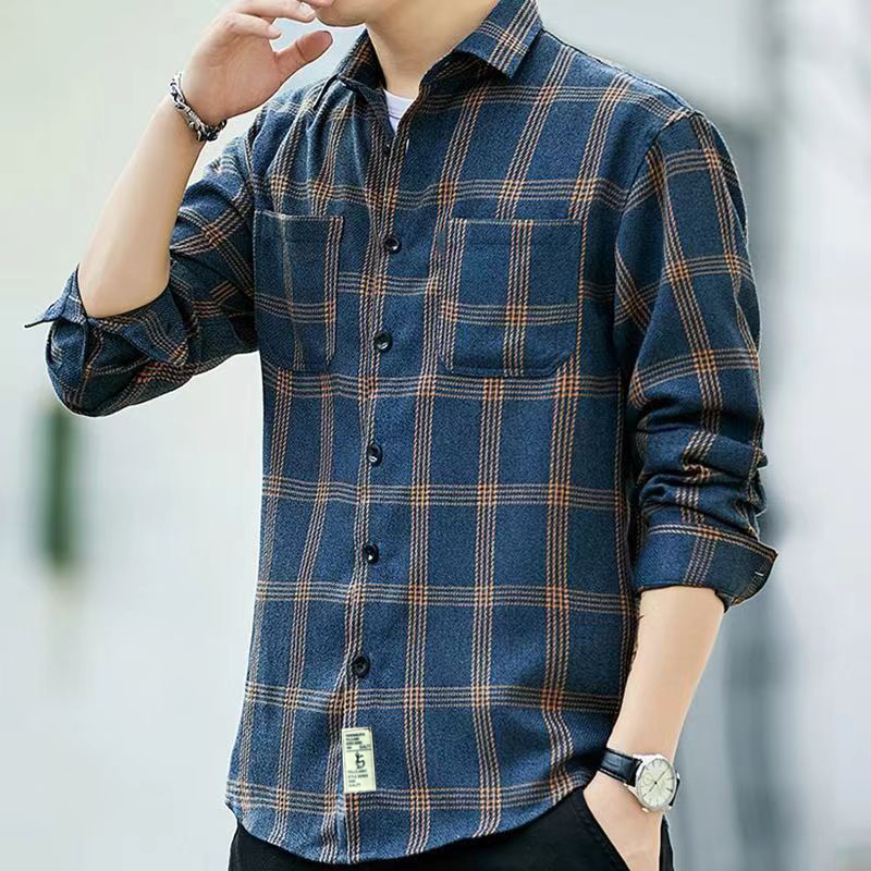 เสื้อแจ็คเก็ตผู้ชายลายสก๊อตแขนยาวลำลองสไตล์เกาหลีนักเรียนลำลองอินเทรนด์