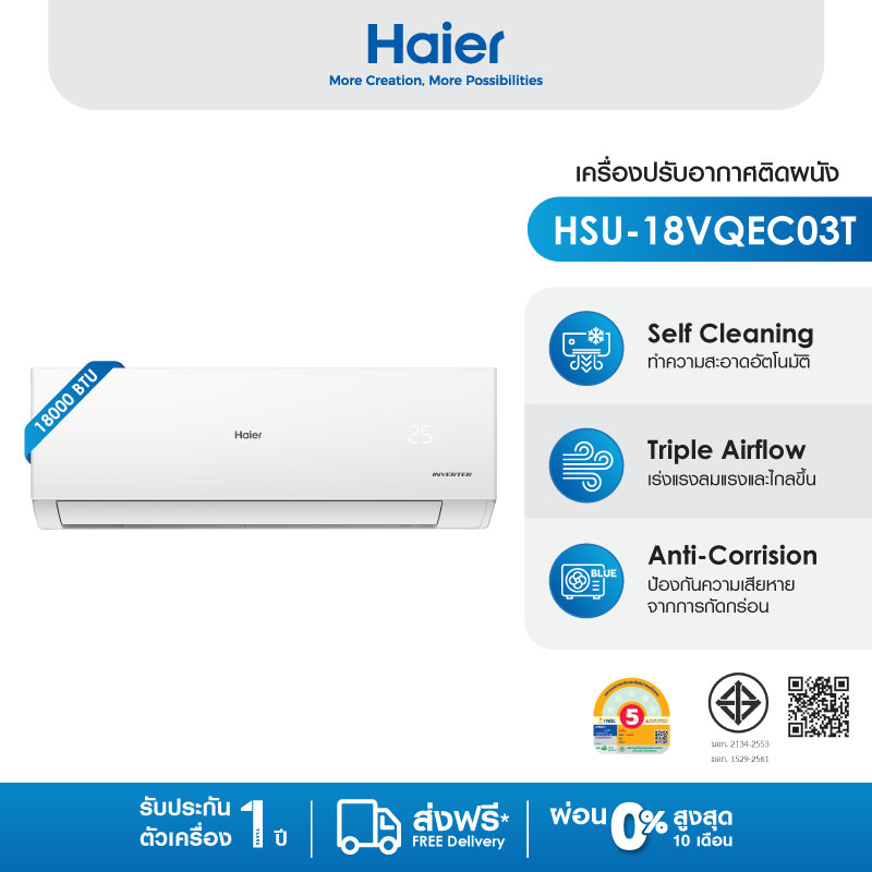 Haier เครื่องปรับอากาศอินเวอร์เตอร์ รุ่น HSU-18VQEC03T ขนาด 18000 BTU (เลือกรุ่น & เลือกบริการติดตั้
