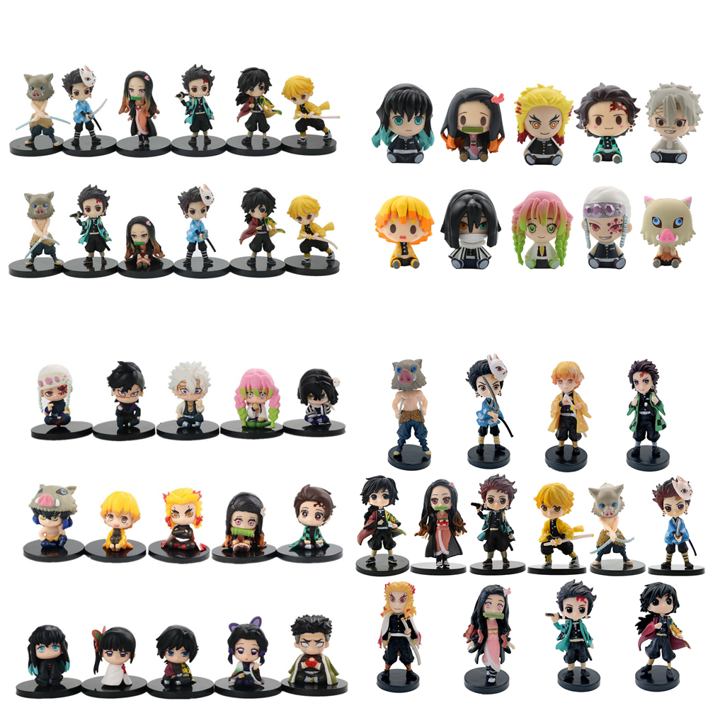 Q Posket รูปขายส่ง Demon Slayer Mini Figurine 9 ชิ้น 10 ชิ้น 14 ชิ้นชุด Kimetsu ไม่มี Yaiba ตุ๊กตา PVC ขนาดเล็กเดสก์ท็อปตกแต่ง
