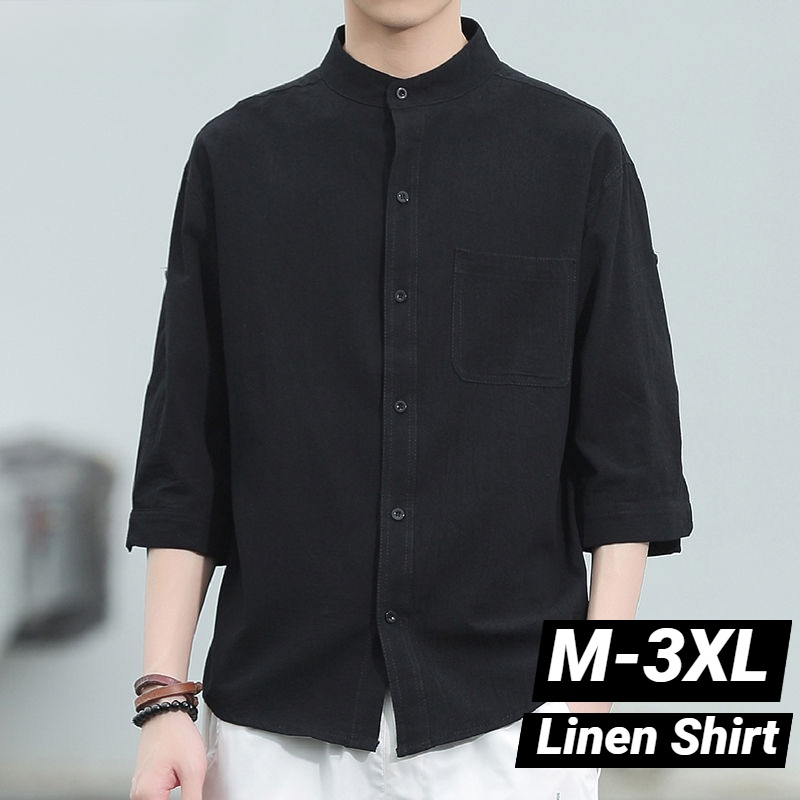 ผ้าลินินสีดํา Man เสื้อฤดูร้อนสบายๆหลวมเสื้อแขนสั้นผู้ชาย Baju Kemeja Lelaki Lengan Pendek