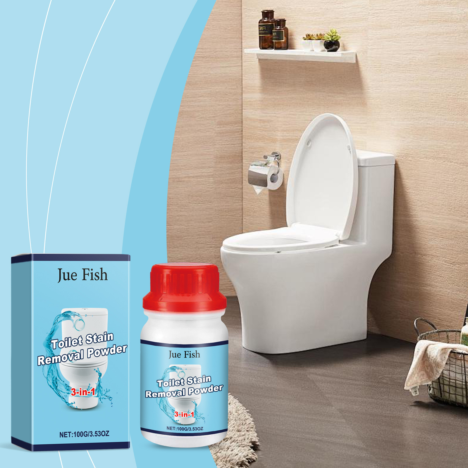 Jue Fish Toilet Bowl Stain Remover, ผงโฟมกําจัดกลิ่นสําหรับคราบดื้อรั้น & Limescale 100g