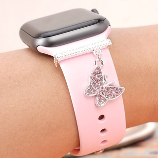 1 PC ผู้หญิงแฟชั่น Silvery สีชมพูผีเสื้อนาฬิกา Charm ตกแต่ง,สําหรับ Apple Watch Band อุปกรณ์เสริมสําหรับ Galaxy Watch Series สายคล้อง Charm Decor ของขวัญวันเกิด