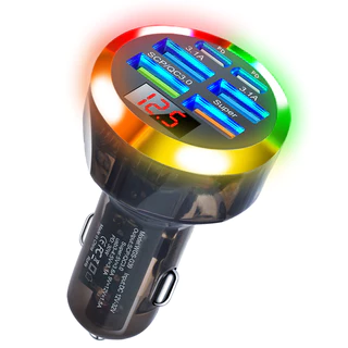 ที่ชาร์จแบตในรถสีบรรยากาศแสงโปร่งใส 4 USB 2 PD 12-24V ชาร์จเร็ว 97W