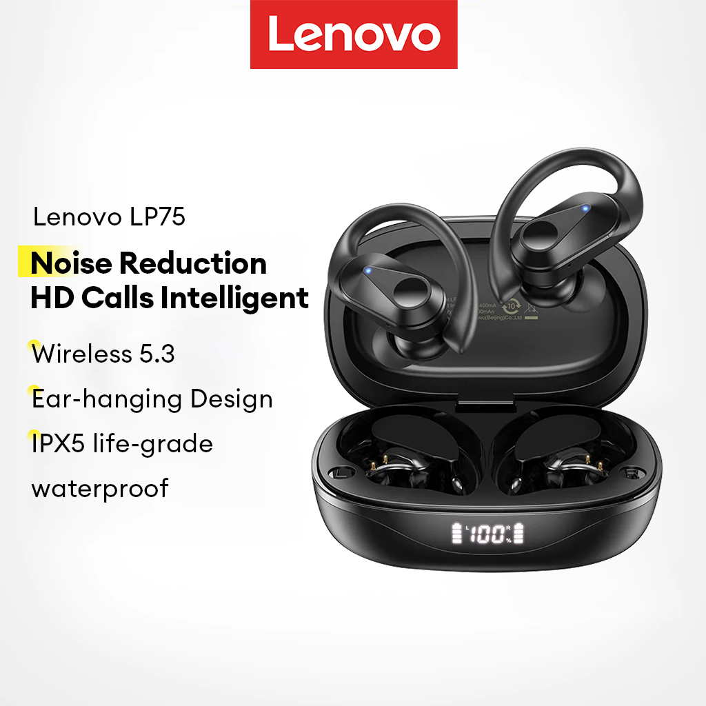 หูฟังไร้สาย Lenovo LP75 หูฟังบลูทูธ TWS สเตอริโอคุณภาพสูง กันน้ํามาตรฐาน IPX5 หูฟังแบบเกี่ยวหูสําหรั
