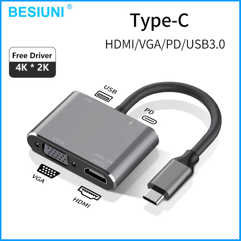 อะแดปเตอร์ Type C เป็น HDMI 4K VGA 1080P USB Hub 4 ใน 1 สายแบ่งพอร์ต 87W PD สำหรับ PC โน้ตบุ๊ค