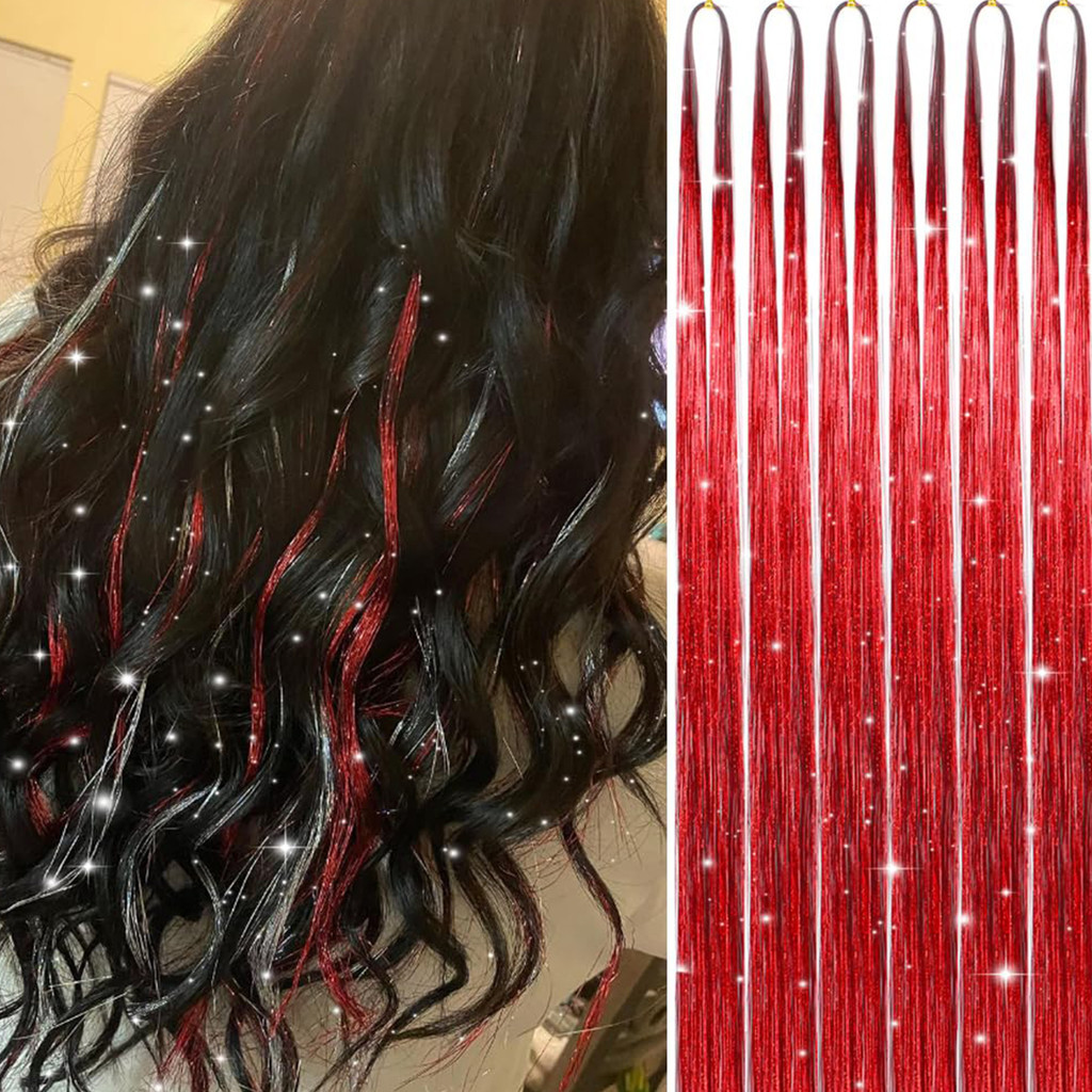 6 ชิ้นเงิน 48 นิ้ว Tinsel Hair Extension 1200 Strands ผม Extension Tinsel Glitter ผม Extensions สําหรับผู้หญิงอุปกรณ์เสริมผมสําหรับคริสต์มาสปีใหม่ฮาโลวีนคอสเพลย์