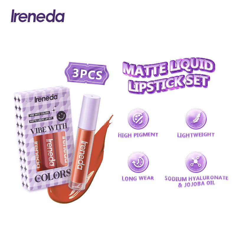 Irenada Vibe สี Matte Liquid ลิปสติกชุดเม็ดสีสูงยาวสวมใส่ลิปสติกน้ําหนักเบาชุด Lip แต่งหน้า 3 ชิ้น/เซ็ต
