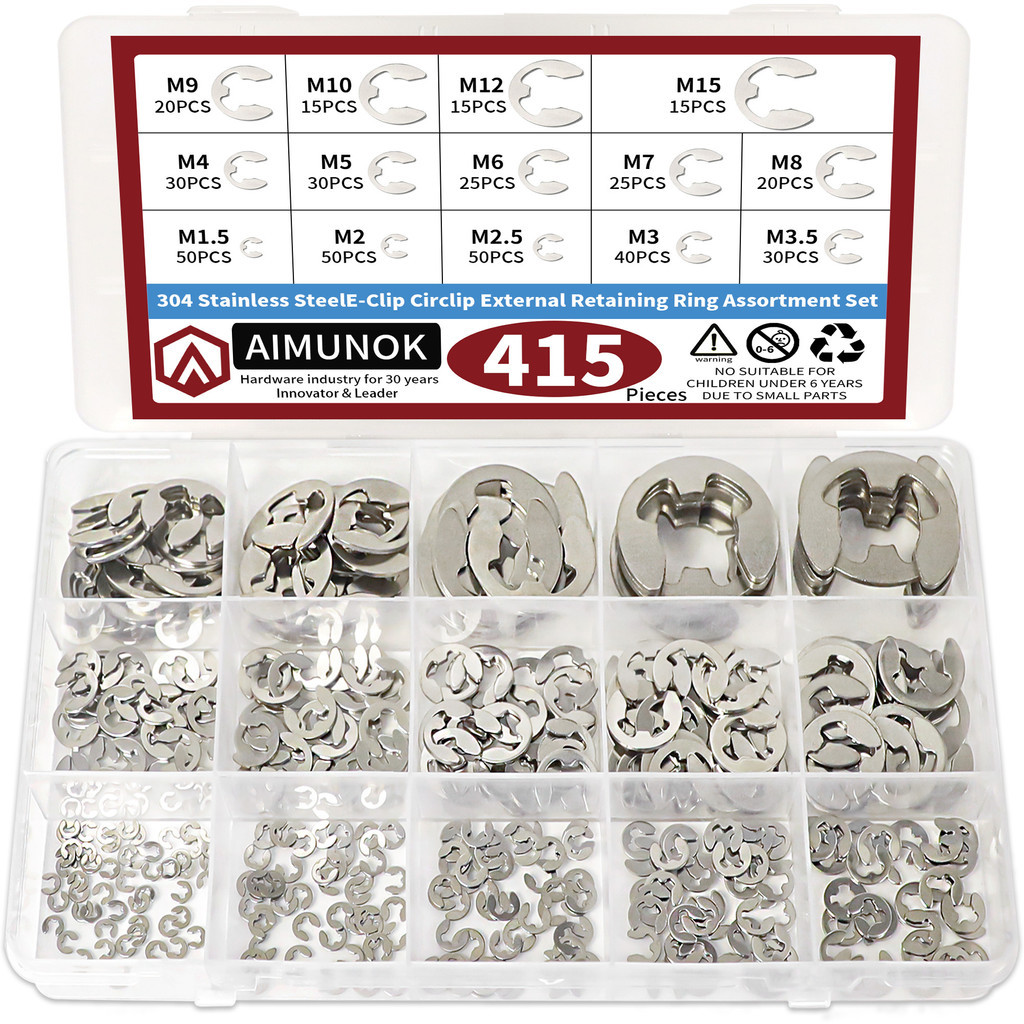 ชุดสแตนเลส E Clip Assortment ชุด, 304 เกรด 14 SAE ขนาดทนทานทนต่อการกัดกร่อนสําหรับการซ่อมแซมเครื่องกล 415 ชิ้นชุด